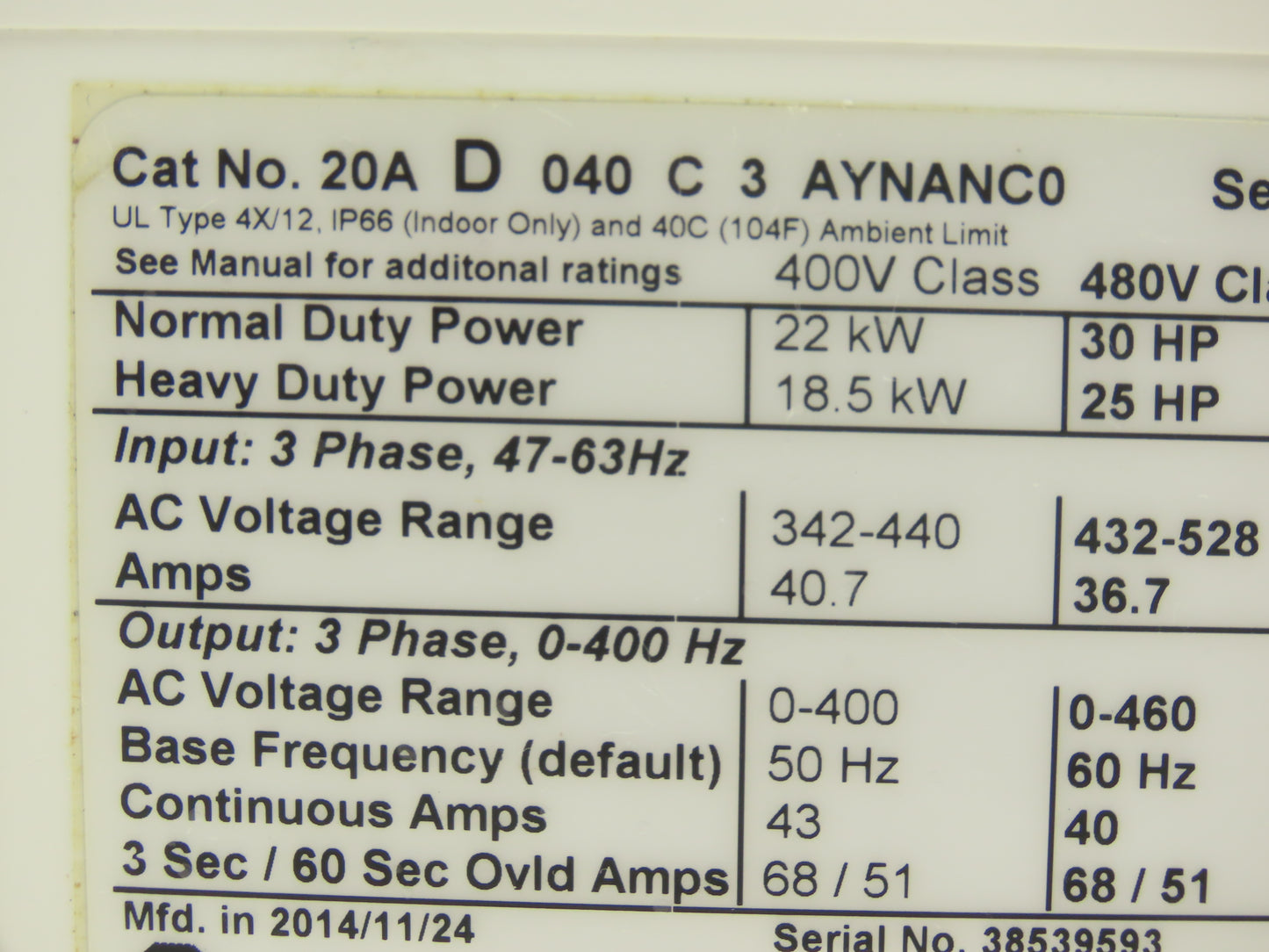 Allen Bradley 20AD040C3AYNANC0 PowerFlex 70 AC Drive 30Hp 480VAC 3Ph 40A Ser A
