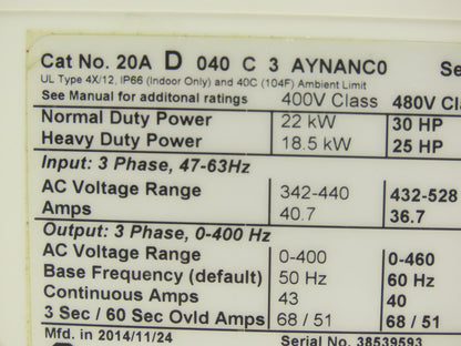 Allen Bradley 20AD040C3AYNANC0 PowerFlex 70 AC Drive 30Hp 480VAC 3Ph 40A Ser A