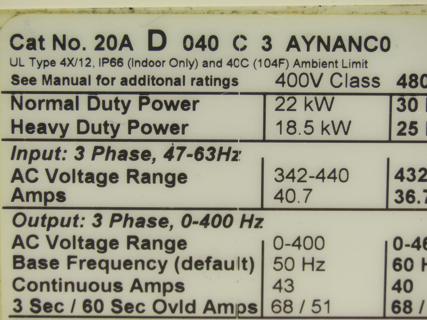 Allen Bradley 20AD040C3AYNANC0 PowerFlex 70 AC Drive 30Hp 480VAC 3Ph 40A Ser A