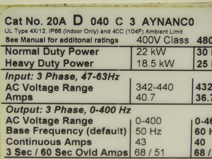 Allen Bradley 20AD040C3AYNANC0 PowerFlex 70 AC Drive 30Hp 480VAC 3Ph 40A Ser A