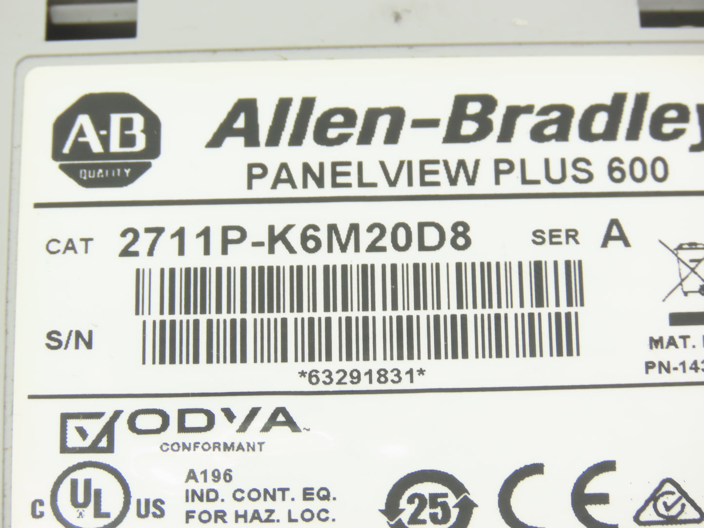 Allen Bradley 2711P-K6M20D8 HMI PanelView Plus 600 Screen Push Button Series A