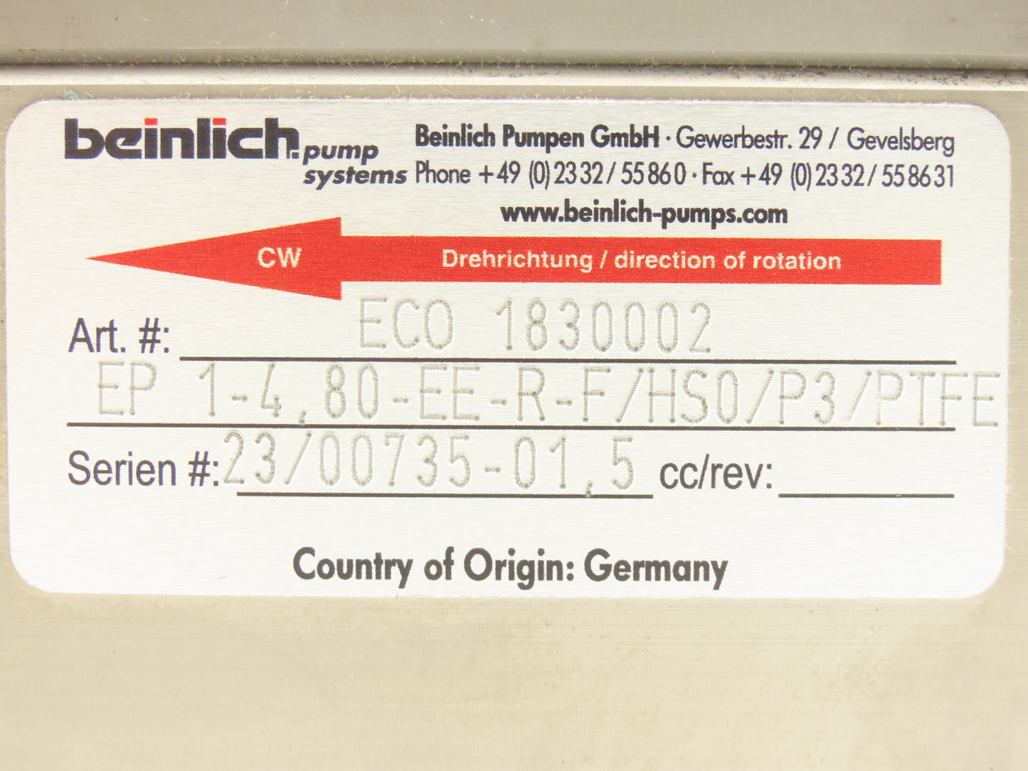 Ransburg A14180-00 Beinlich Dosing Pump EP 1-4.80-EE-R-F/HS0/P3/PTFE ECO 1830002