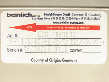 Ransburg A14180-00 Beinlich Dosing Pump EP 1-4.80-EE-R-F/HS0/P3/PTFE ECO 1830002