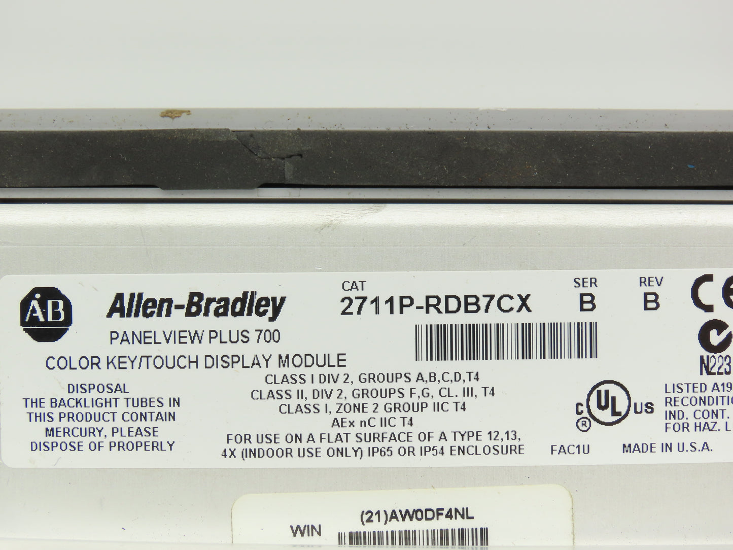 Allen Bradley 2711P-RDB7CX PanelView Plus 700 Operator Interface w/2711P-RP1