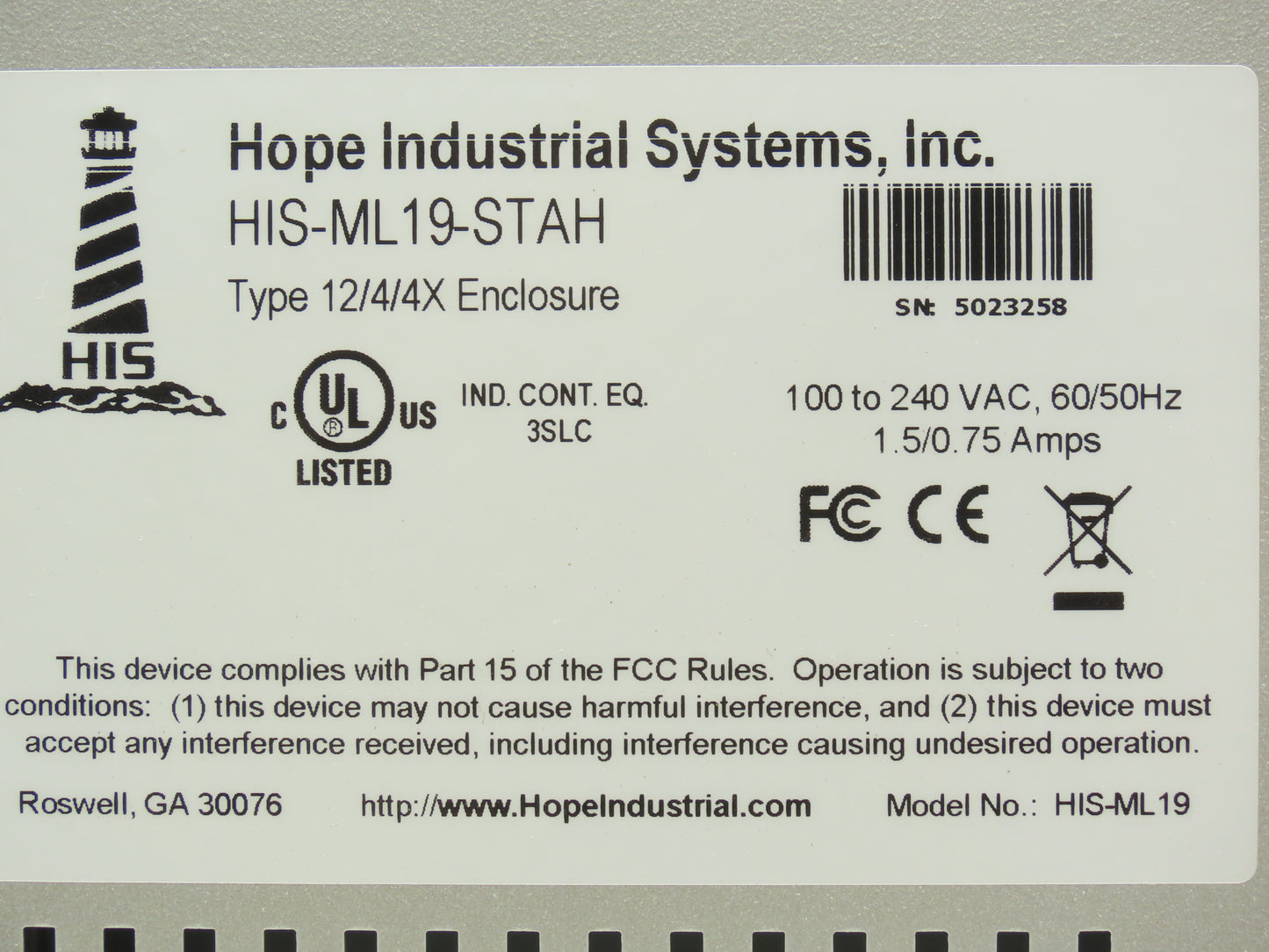 Hope Industrial Systems HIS-ML19 Touch Screen 19" Control Panel 100-240VAC