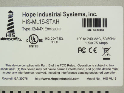 Hope Industrial Systems HIS-ML19 Touch Screen 19" Control Panel 100-240VAC