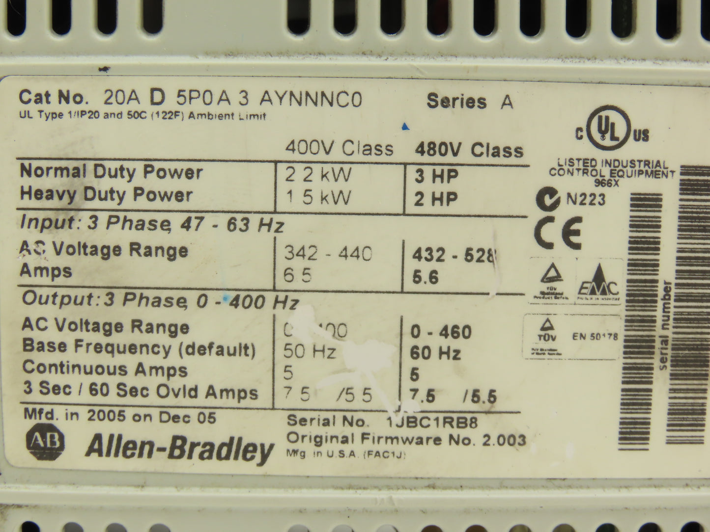 Allen Bradley 20AD5P0A3AYNNNC0 PowerFlex 70 Variable AC Drive VFD 3Hp 480V 3PH