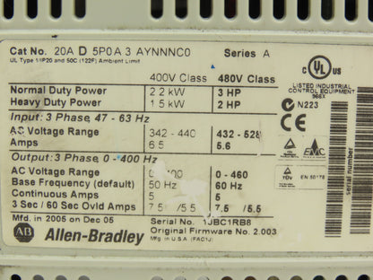 Allen Bradley 20AD5P0A3AYNNNC0 PowerFlex 70 Variable AC Drive VFD 3Hp 480V 3PH