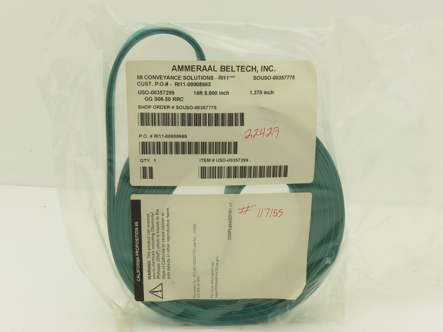 Ammeraal Beltech GG S06.50 RRC Green Conveyor Belt 1-3/8"W x 14' 8" Endless XNBR