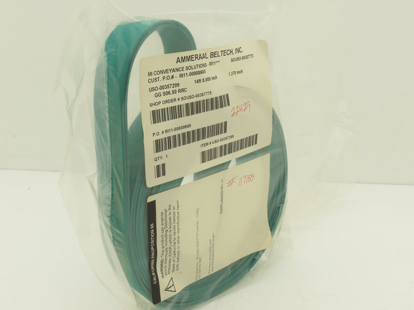 Ammeraal Beltech GG S06.50 RRC Green Conveyor Belt 1-3/8"W x 14' 8" Endless XNBR
