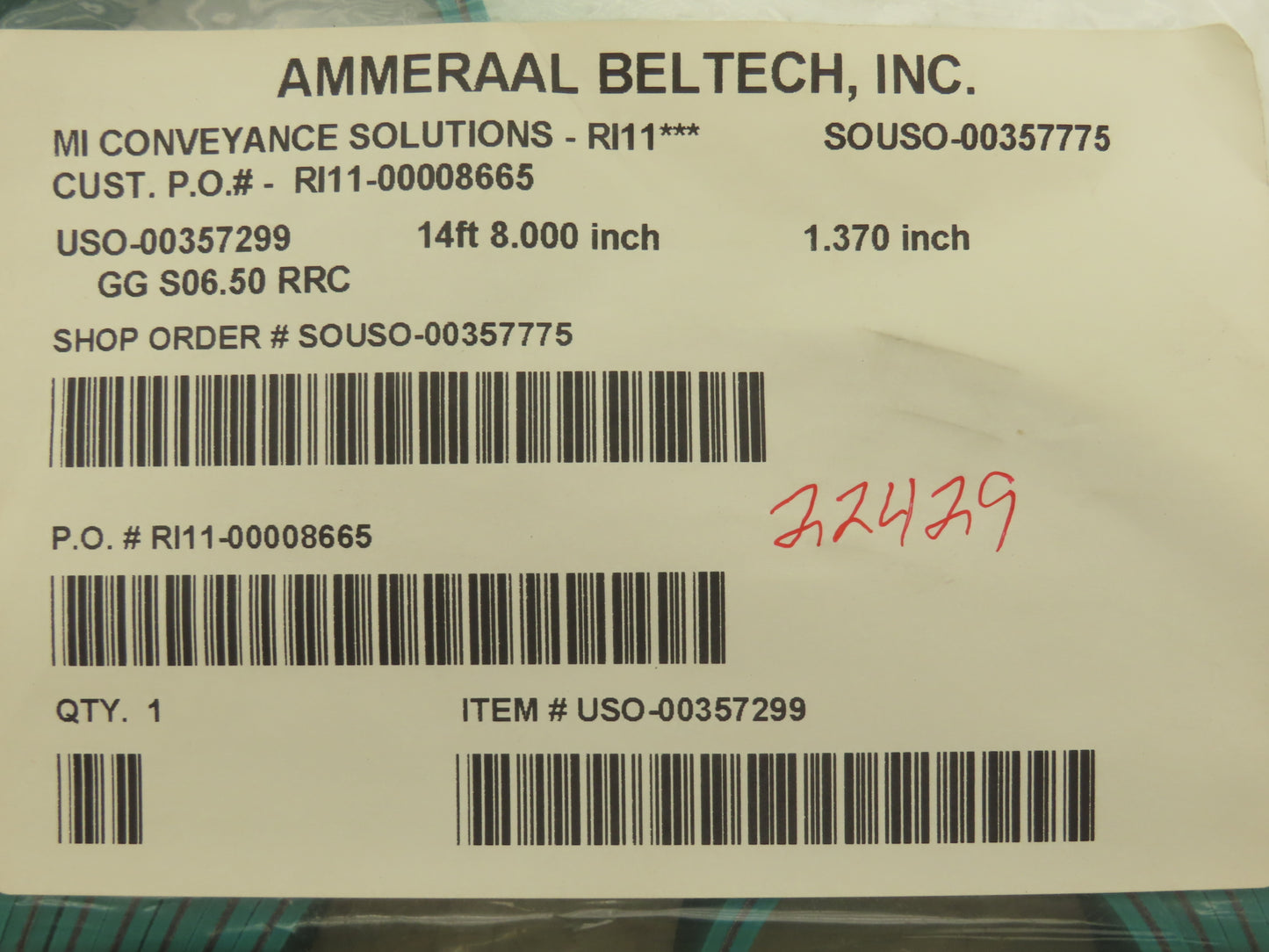 Ammeraal Beltech GG S06.50 RRC Green Conveyor Belt 1-3/8"W x 14' 8" Endless XNBR
