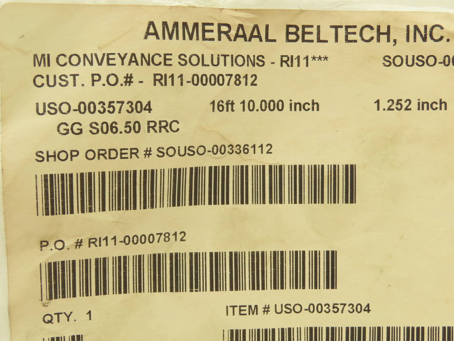 Ammeraal Beltech GG S06.50 RRC Green Conveyor Belt 1.252"W 16' 10" Endless XNBR