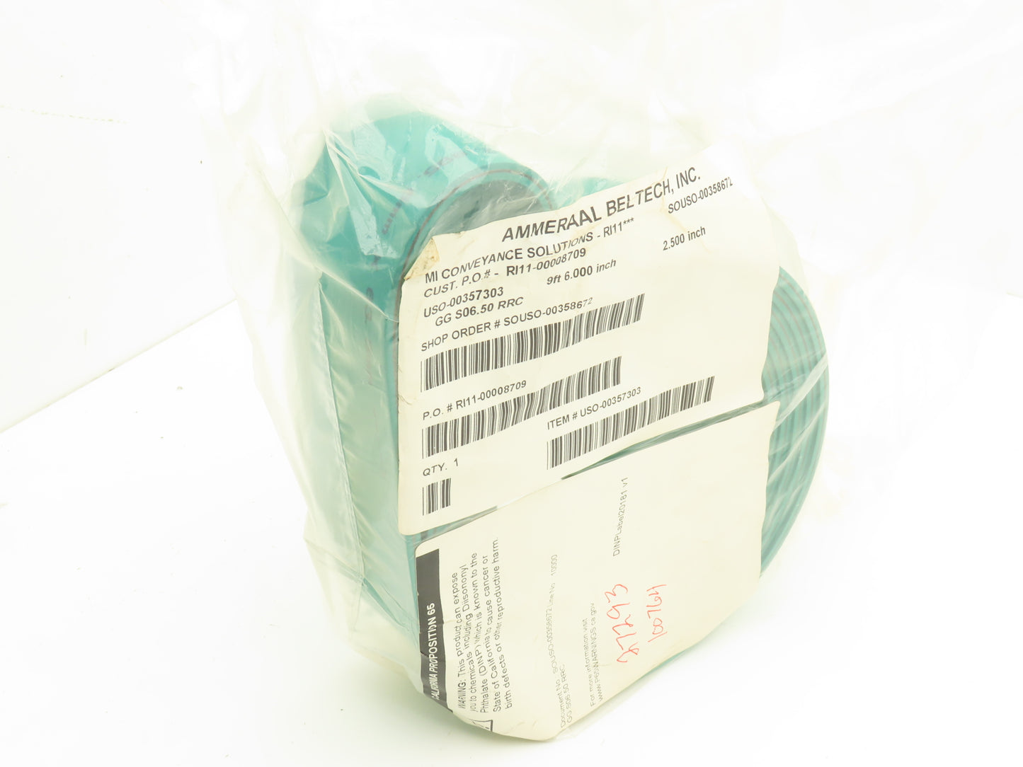 Ammeraal Beltech GG S06.50 RRC Green Conveyor Belt 2.5"W x 9' 6" Endless XNBR