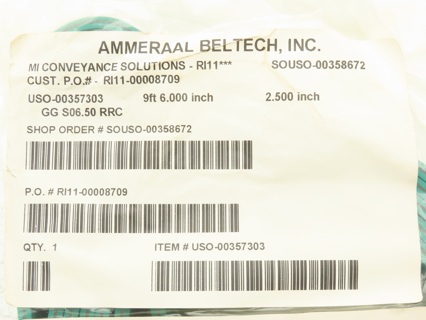 Ammeraal Beltech GG S06.50 RRC Green Conveyor Belt 2.5"W x 9' 6" Endless XNBR