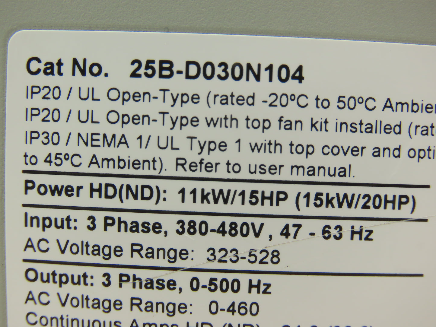 Allen Bradley 25B-D030N104 PowerFlex 525 VFD 500Hz 20Hp 460V 30A FRN 5.001 Ser A