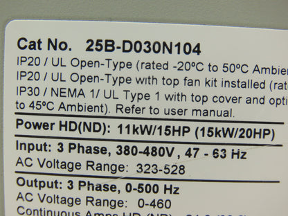 Allen Bradley 25B-D030N104 PowerFlex 525 VFD 500Hz 20Hp 460V 30A FRN 5.001 Ser A