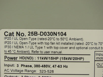 Allen Bradley PowerFlex 525 VFD 500Hz 20Hp 460V 30A FRN 5.001 Ser A