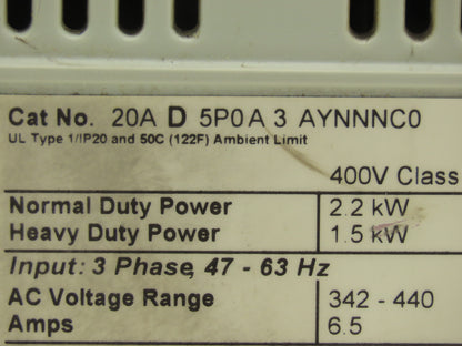 Allen Bradley 20AD5P0A3AYNNNC0 PowerFlex 70 Variable AC Drive VFD 3Hp 480V 3PH