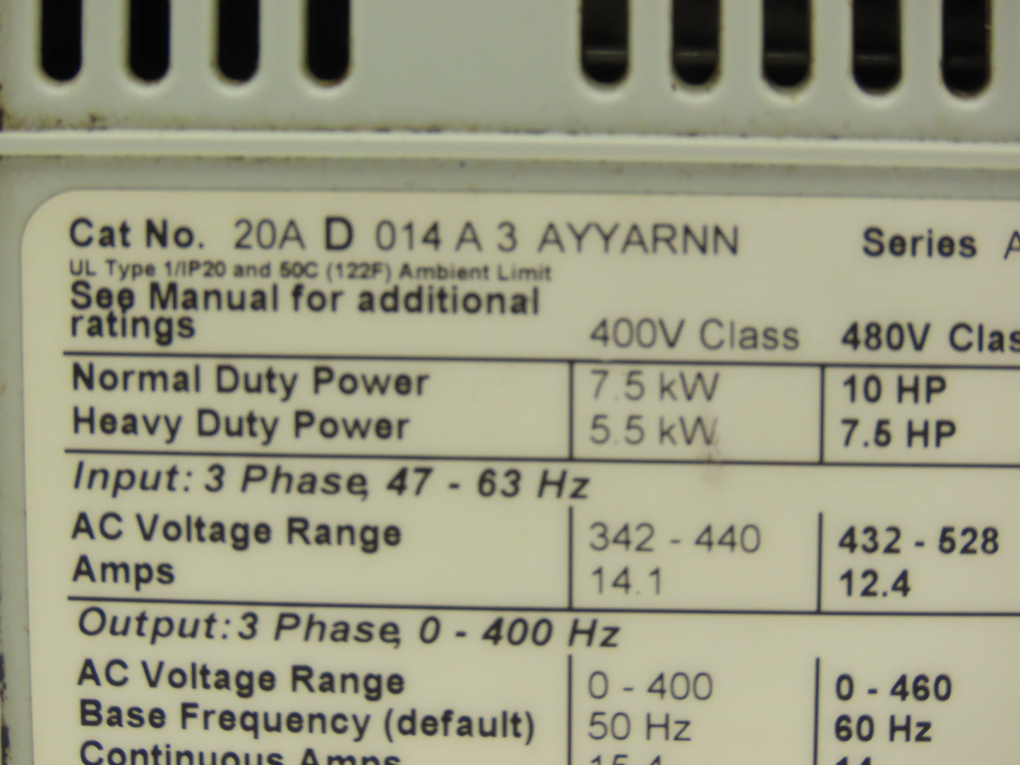 Allen Bradley 20AD014A3AYYARNN PowerFlex 70 Variable AC Drive VFD 10Hp 480V 3PH