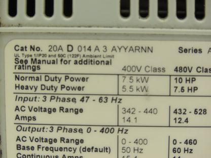 Allen Bradley 20AD014A3AYYARNN PowerFlex 70 Variable AC Drive VFD 10Hp 480V 3PH