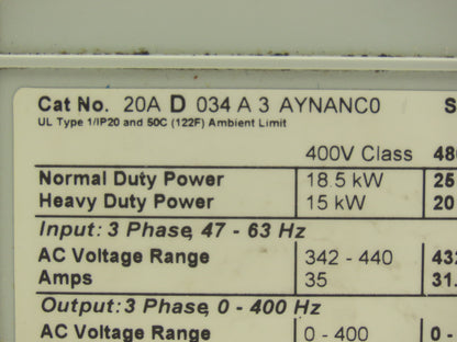 Allen Bradley 20AD034A3AYNANC0 PowerFlex 70 Variable AC Drive VFD 25Hp 480V 3PH