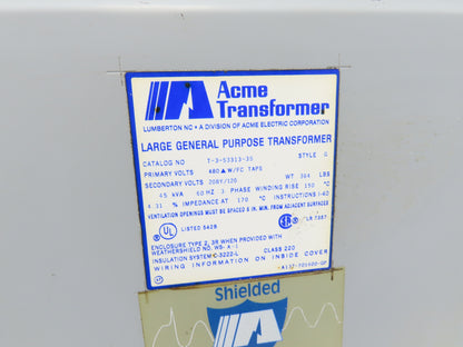 ACME T-3-53313-3S Stepdown Power Transformer 45kva 3Ph HV 480D LV 208Y/120