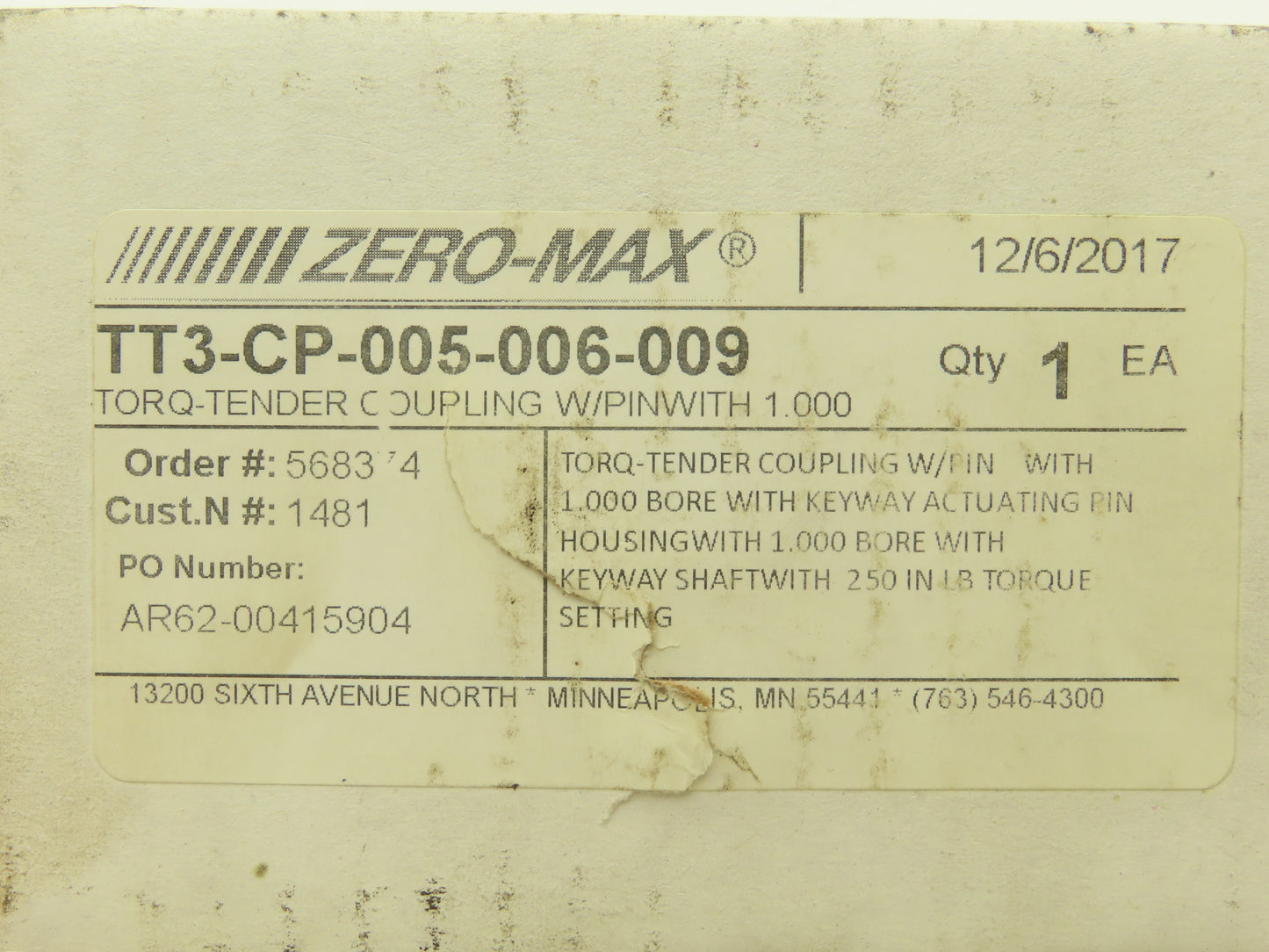 Zero-Max TT3-CP-005-006-009 Torq-Tender Shaft Coupling w/Pin 1" Keyed Bore