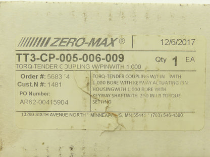 Zero-Max TT3-CP-005-006-009 Torq-Tender Shaft Coupling w/Pin 1" Keyed Bore