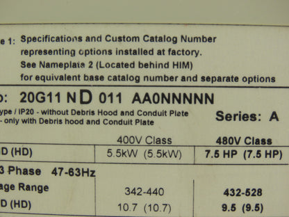 Allen Bradley 20G11ND011AA0NNNNN PowerFlex 755 AC Drive 480V 14A 7.5HP Series A