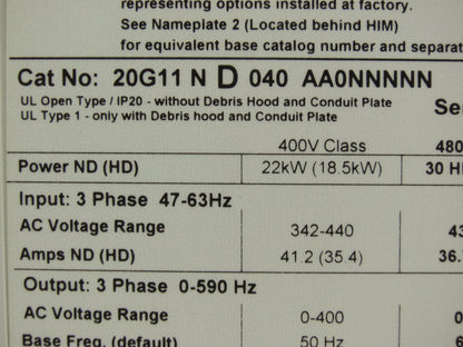 Allen Bradley 20G11ND040AA0NNNNN PowerFlex 755 VFD AC Drive 480V 30HP Series A