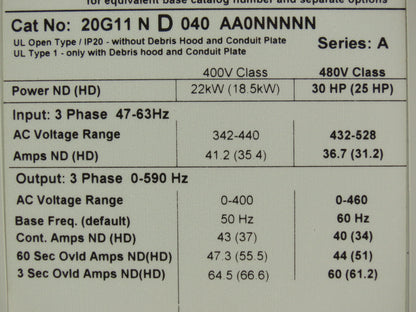 Allen Bradley 20G11ND040AA0NNNNN PowerFlex 755 VFD AC Drive 480V 30HP Series A