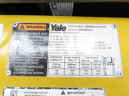Yale MSW025 Walk Behind Pallet Lift Truck 2500lbs 24V Straddle Stacker 284H 2015