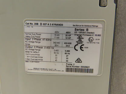 Allen Bradley 20BD027A3AYNAND0 PowerFlex 700 VFD AC Drive 480V 20HP Ser B