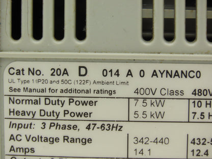 Allen Bradley 20AD014A0AYNANC0 PowerFlex 70 Variable AC Drive VFD 10Hp 480V 3PH