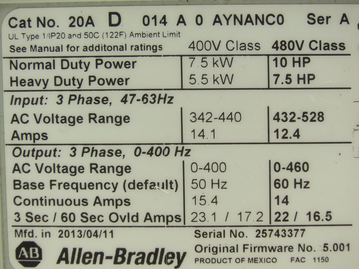 Allen Bradley 20AD014A0AYNANC0 PowerFlex 70 Variable AC Drive VFD 10Hp 480V 3PH