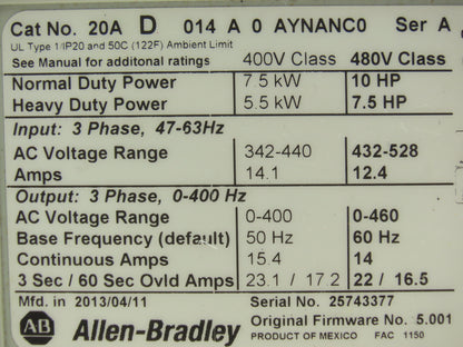 Allen Bradley 20AD014A0AYNANC0 PowerFlex 70 Variable AC Drive VFD 10Hp 480V 3PH