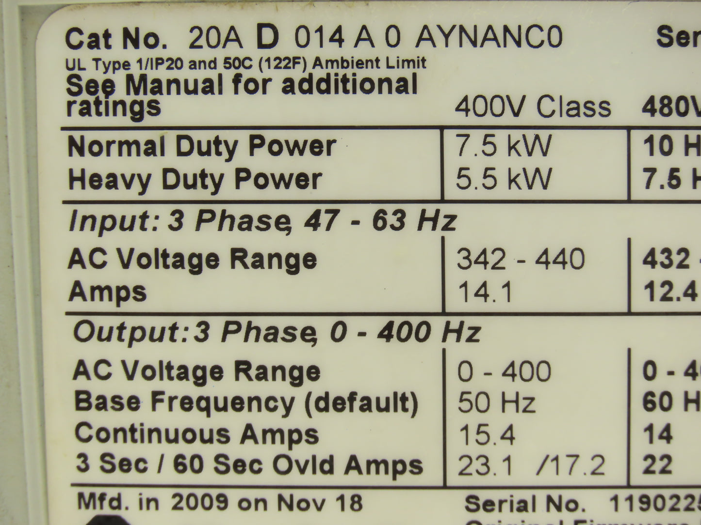 Allen Bradley 20AD014A0AYNANC0 PowerFlex 70 Variable AC Drive VFD 10Hp 480V 3PH