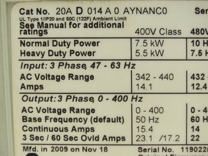 Allen Bradley 20AD014A0AYNANC0 PowerFlex 70 Variable AC Drive VFD 10Hp 480V 3PH