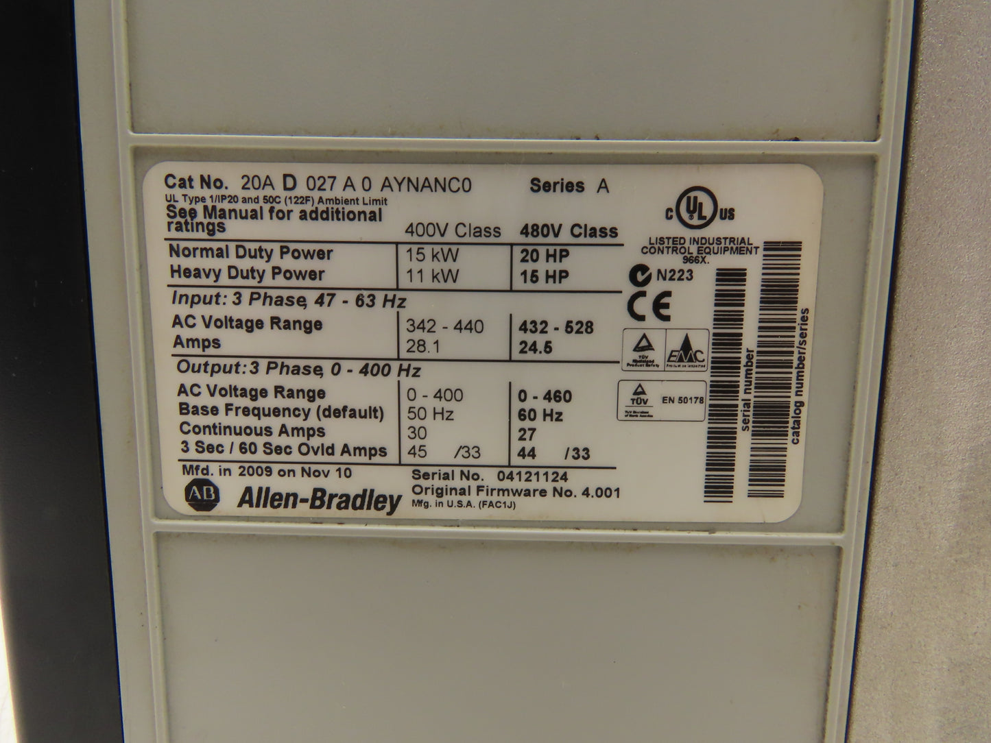 Allen Bradley 20AD027A0AYNANC0 PowerFlex 70 Variable AC Drive VFD 20Hp 480V 3PH