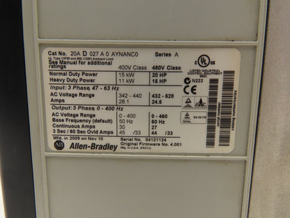 Allen Bradley 20AD027A0AYNANC0 PowerFlex 70 Variable AC Drive VFD 20Hp 480V 3PH