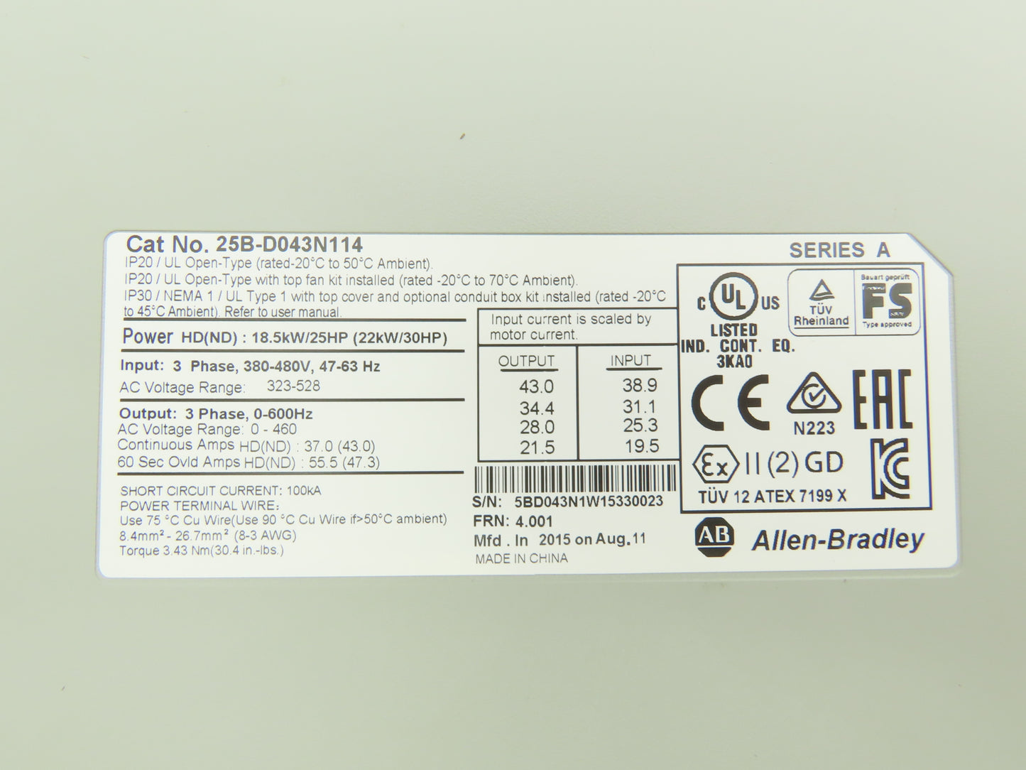 Allen Bradley 25B-D043N114 PowerFlex 525 AC Drive 25Hp 480VAC 3Ph FW 4.001 Ser A