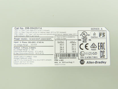 Allen Bradley 25B-D043N114 PowerFlex 525 AC Drive 25Hp 480VAC 3Ph FW 4.001 Ser A