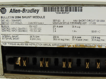 Allen Bradley 2094-BSP2 Shunt Module 480V 3PH 0-400Hz Ser A F/W 1.068 READ