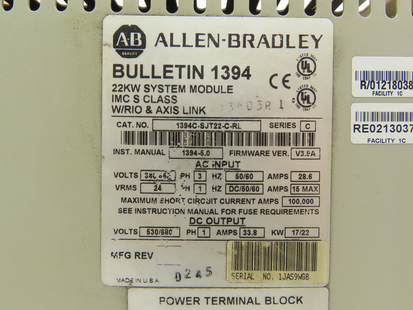 Allen Bradley 1394C-SJT22-C-RL Digital Servo 22kW System Module 460V Ser C READ