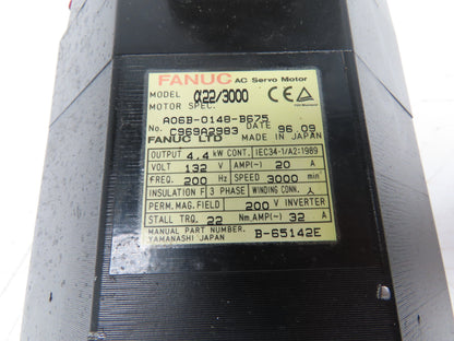 Fanuc A06B-0148-B675 AC Servo Motor 4.4Kw 132V 3000RPM Encoder A8600360T201