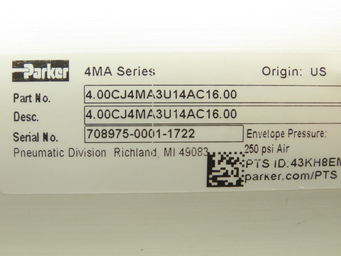Parker 4.00CJ4MA3U14AC16.00 Pneumatic Air Cylinder 4" Bore x 16" Stroke 250PSI