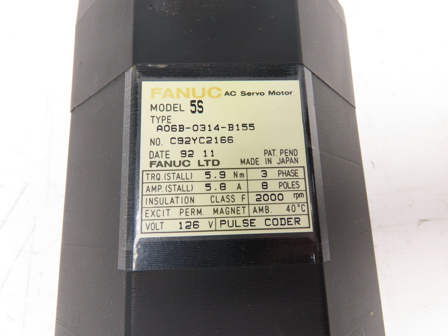 Fanuc A06B-0314-B155 5S AC Servo Motor 2000 RPM 126V 3PH Encoder A860-0346-T141