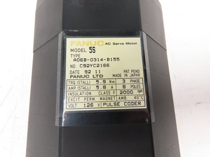 Fanuc A06B-0314-B155 5S AC Servo Motor 2000 RPM 126V 3PH Encoder A860-0346-T141