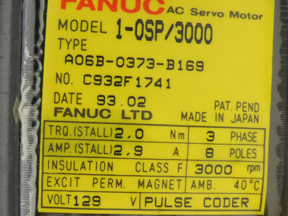 Fanuc A06B-0373-B169 AC Servo Motor 2.0Nm 3000RPM 129v 3ph Encoder A8600346T001