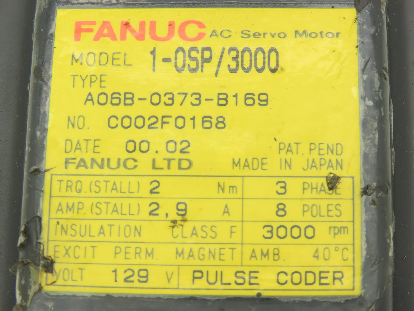 Fanuc A06B-0373-B169 AC Servo Motor 2.0Nm 3000RPM 129v 3ph Encoder A8600346T041